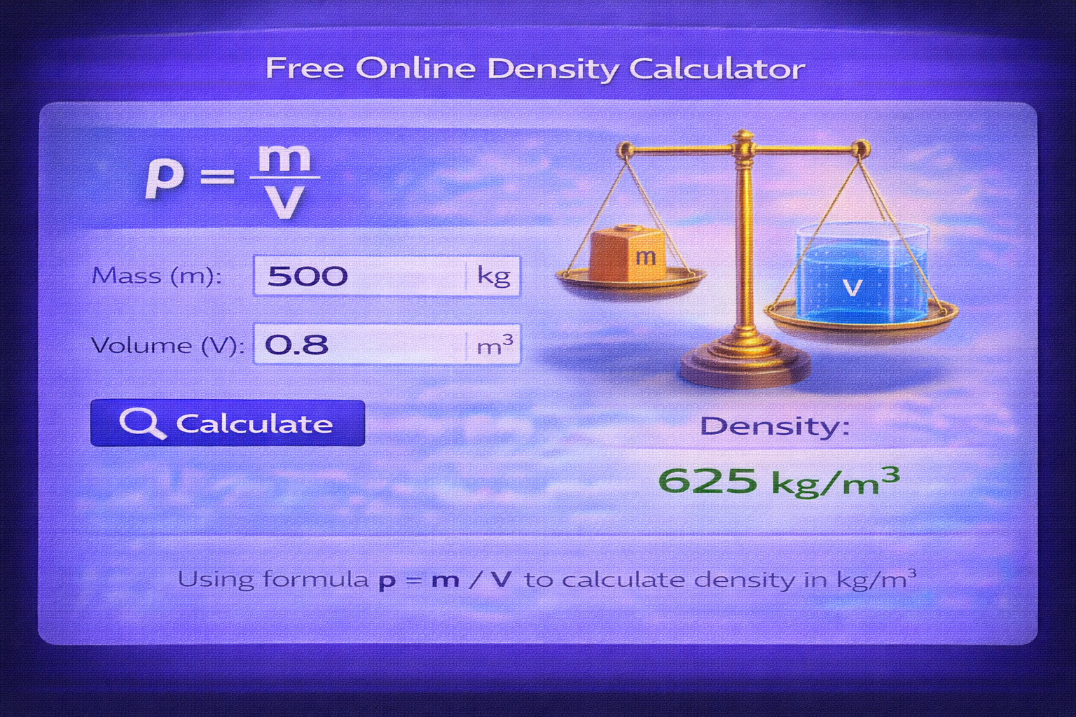 Free online density calculator interface with mass volume inputs and kg/m³ result ρ = m / V
